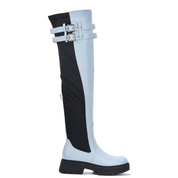 Techno Baby Blue Lycra Stretch Lug Sole Thigh High Combat Rider Brand New - Picture 15 of 16